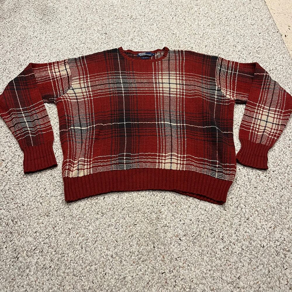 Vintage Polo Ralph Lauren Tartan Plaid Sweater XL Cotton Silk Old Money Classic